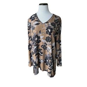 Susan Graver Womens Liquid Knit Crossover Hem Tunic Top Size L Brown‎ Floral